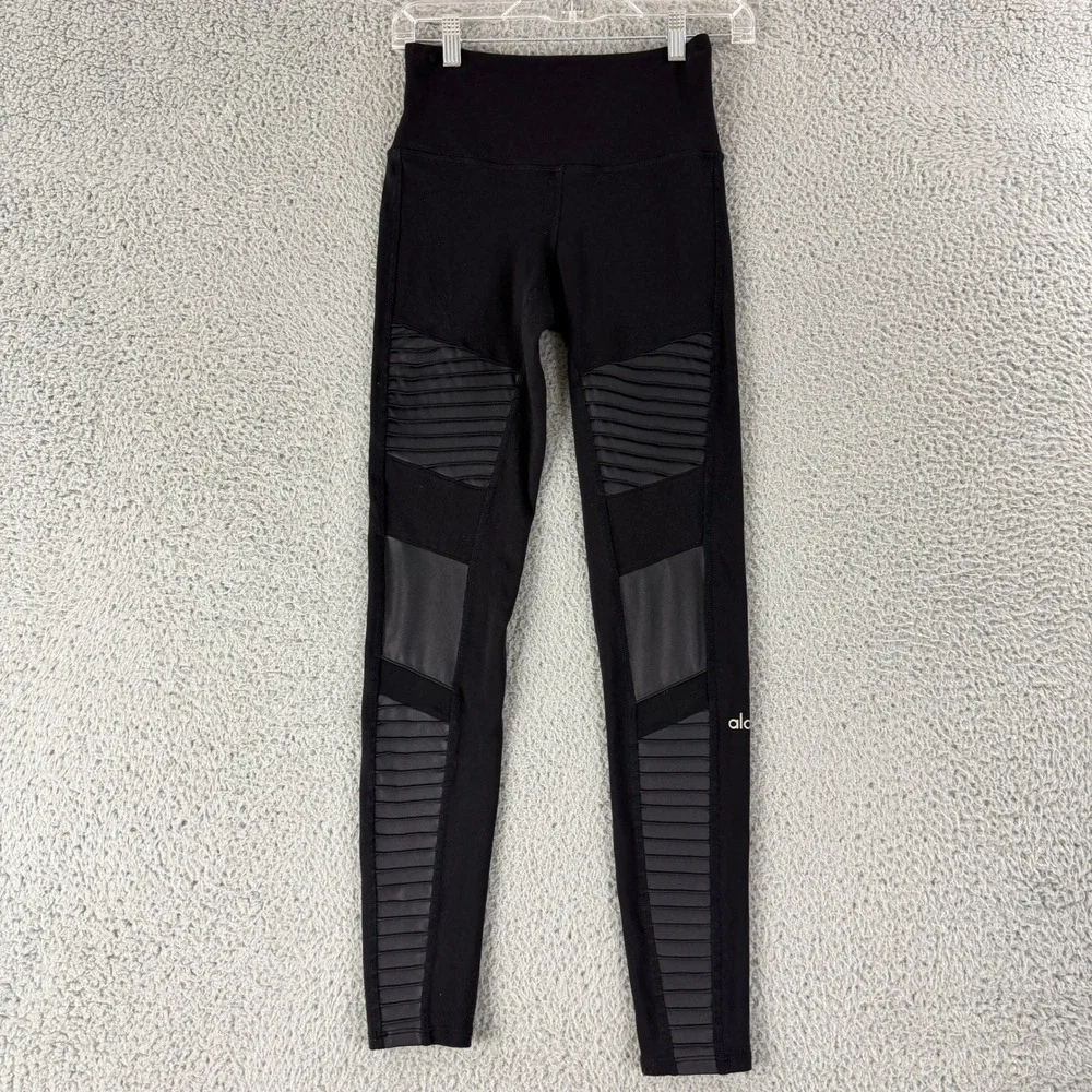 Alo Yoga Moto Leggings Womens Small Black High Waist Pintuck Mesh Panel Spandex
